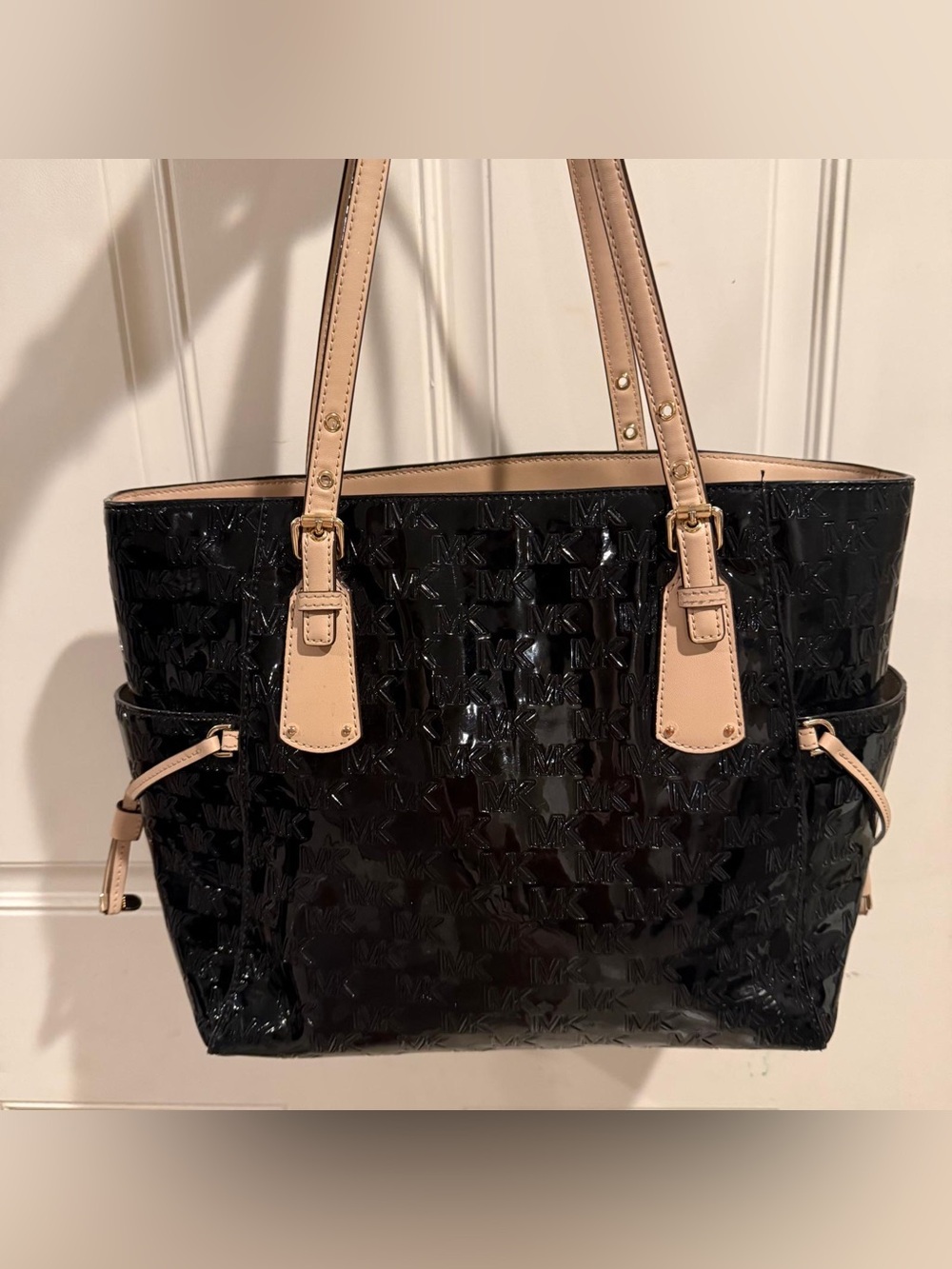 Michael Kors Black Patent Tote with Beige Trim and Dual Straps - Picture 2 of 9